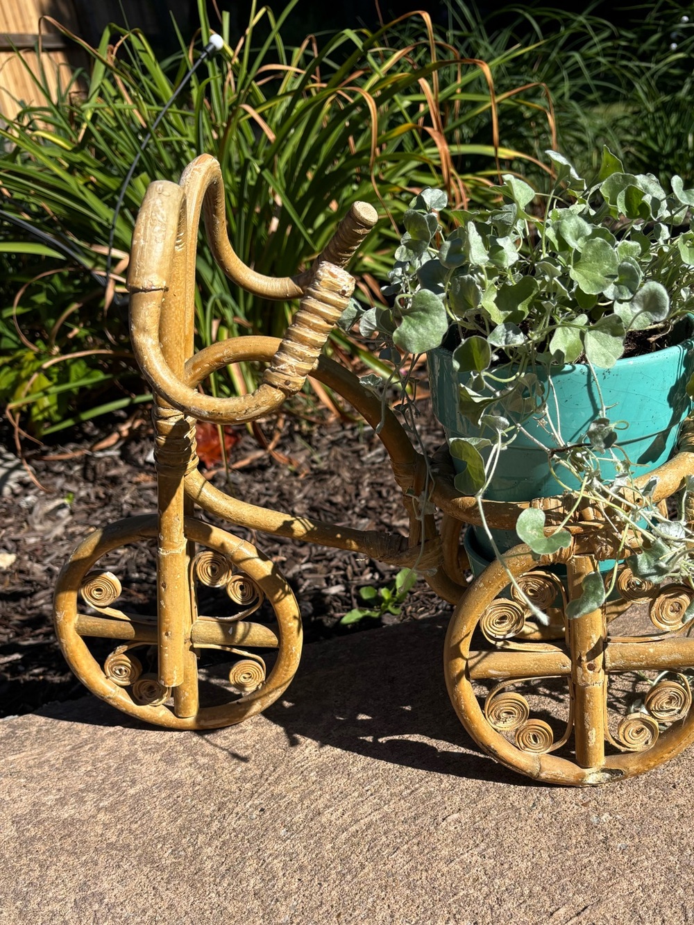 Vintage Rattan Wicker Bamboo Tricycle Plant Stand Boho Planter